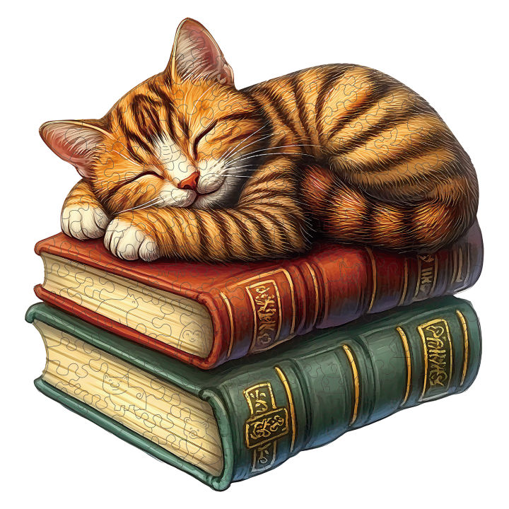 Wooden Puzzle for Adults, The Cat Sleeps on the Book Puzzles, Irregular Animal Shaped Wooden Jigsaw Puzzle, Modern Art Home Deco