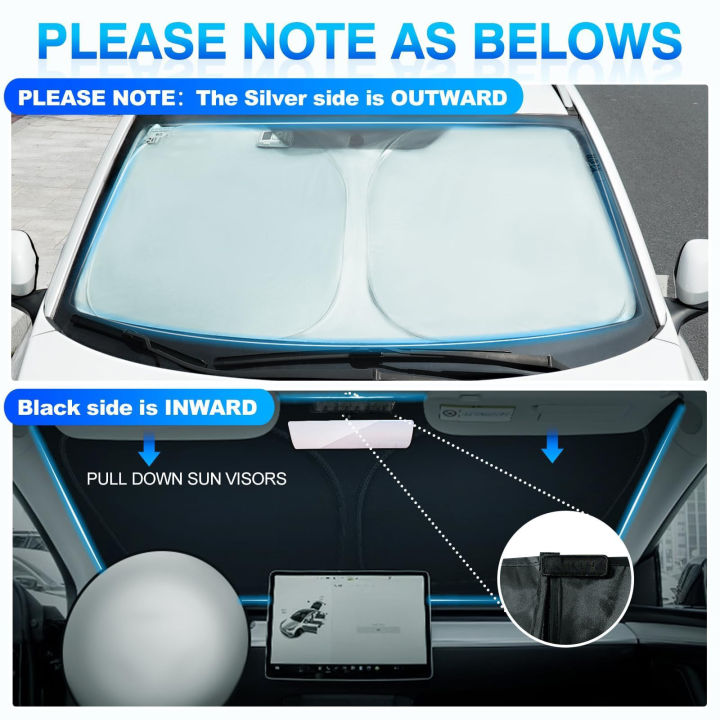 Windshield Sun Shade for 2017-2025 Tesla Model Y/3 (Fit 2025 Model Y Juniper/2024 Model 3 Highland) Upgraded Foldable Sunshade,