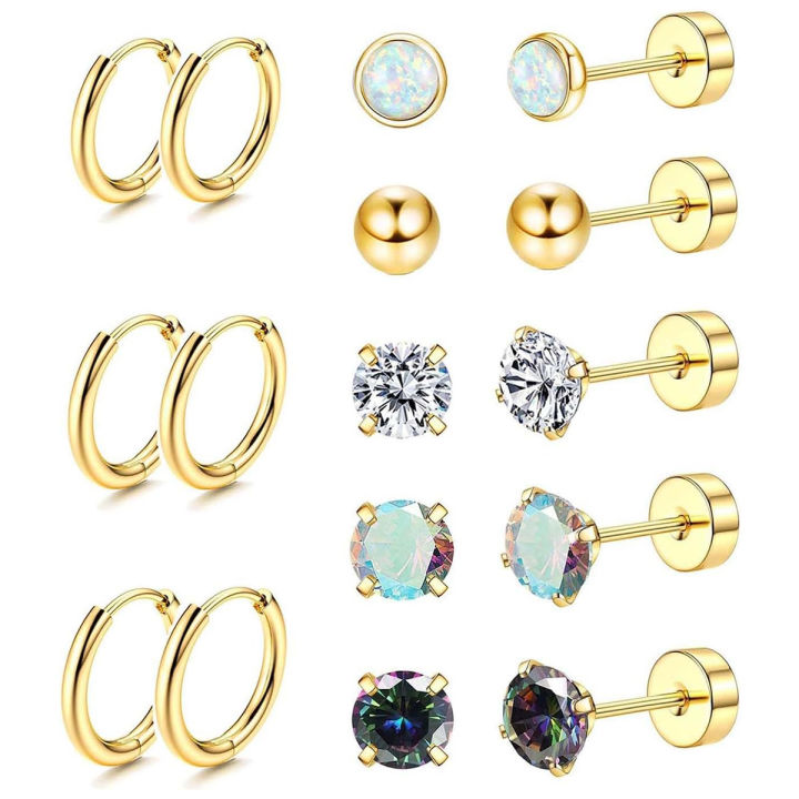 Hypoallergenic 18G Stainless Steel Stud Hoop Earrings Set for Women Men CZ Flat Back Earrings Cartilage Earrings Hoop Stud