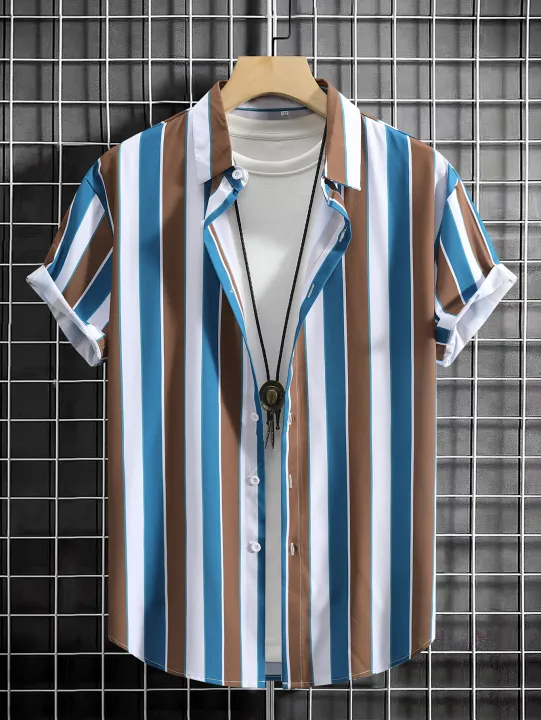 Men's Summer Short Sleeve Printed Shirt Thin Beach Shirt Men's Clothing Casual Striped shirt