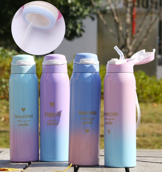 Best Beautiful Sports Water Bottles 500ML Sport Thermos Water Bottle Thermo Mug Stainless Steel Vacuum Flask Mug with Straw Insulation Cup Water Jug Drinking Bottle