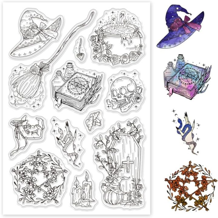 1PC Witch Props Clear Stamps for Cards Making Magic Book Crystal Ball Skull Silicone Clear Stamp Seals Transparent Stamps