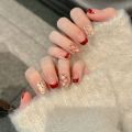 Handmade Press on Nails Shiny Cat Eye French Dot Grid Fake Nail Tips Women Girl Wearable Red New Year Sweet Korean False Nails. 