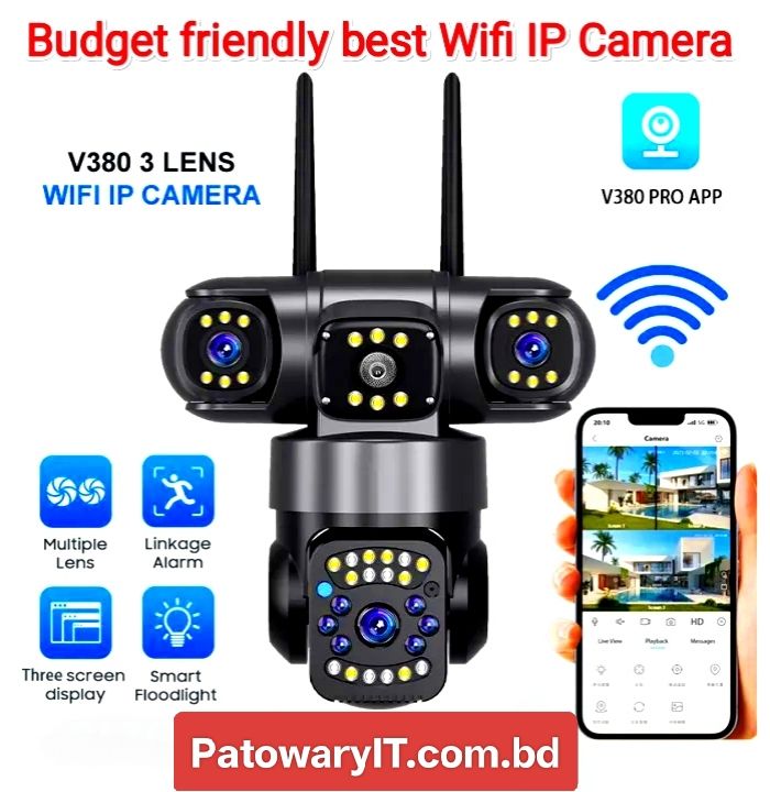 V380 pro Three 3 Lens WiFi IP Camera HD 6MP Outdoor Waterproof Full Color Night Vision PTZ CCTV Security camera