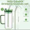 Random Color 400ml Square Glass Mug With Handle, Straw & Lid, Drinking Glass, Adorable Glass Cups with Lids and Straw, Glass Tumbler Coffee Cup Coffee Mug. 