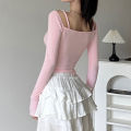 CIBBAR Sweet Off-shoulder Cute Crop Top Lace Patchwork Pink Coquette Aesthetic Slim-fit Long Sleeve Knitted T-shirts Ladies y2k. 