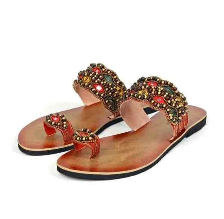 Ladies Gorgeous Random Use Flat Sandals With Puthi work - Rajsthani Stone Work One Pie Girls Flat Shes - Womens One Pie Casual Slipper - Female Flat Slides Sandals