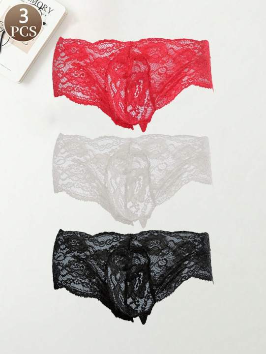 3PCS Floral print solid color casual basic knitted fabric Men's triangle underwear  mesh loose underwear