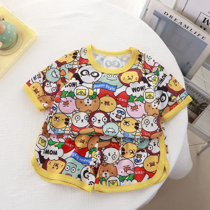Children Clothing Set Boys and Girls' Clothes Summer Ice Silk Short Sleeved Baby 2Pcs Sets Toddler Loungewear Soft Pajamas 1-7Y