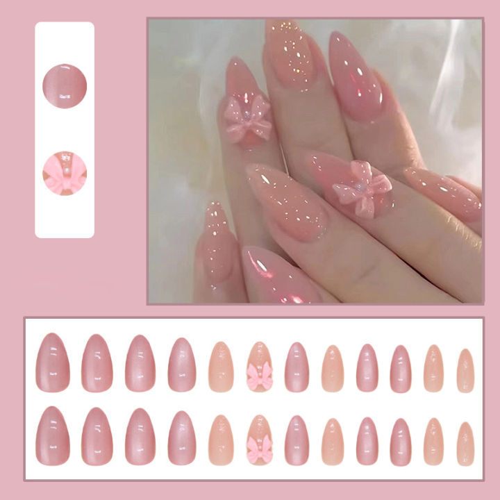 24pcs%20Sweet%20Pink%20Press%20On%20Nails%20Glossy%20Almond%20Stereo%20Pink%20Bowknots%20Decor%20False%20Nails%20Charming%20Full%20Cover%20Korean%20Style%20Fake%20Nail%20-%20Image%202