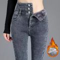 Winter Girls High Waist Plush Thermal Jeans Lady Skinny Snow Warm Denim Trousers Women Classic Daily Fleece Straight Leg Pants. 