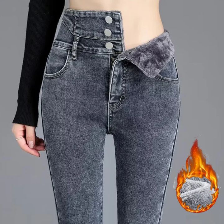 Winter Girls High Waist Plush Thermal Jeans Lady Skinny Snow Warm Denim Trousers Women Classic Daily Fleece Straight Leg Pants