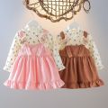 Kid Girl Long Sleeve Dress Floral Lovely Bear Corduroy Strap Style Dress Fashion Cute Photograph Outfit for Child Girl 1-6 Years. 