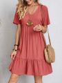 Women Elegant Short Sleeve V Neck Ruffles Dress Summer Casual Solid Loose Mini Dress Chic Bohemian Sundress Beach Party Vestidos. 