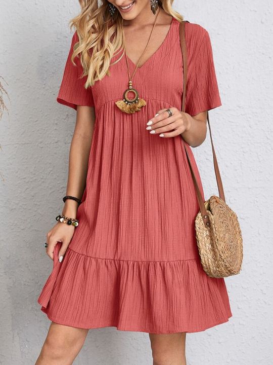 Women%20Elegant%20Short%20Sleeve%20V%20Neck%20Ruffles%20Dress%20Summer%20Casual%20Solid%20Loose%20Mini%20Dress%20Chic%20Bohemian%20Sundress%20Beach%20Party%20Vestidos%20-%20Image%202
