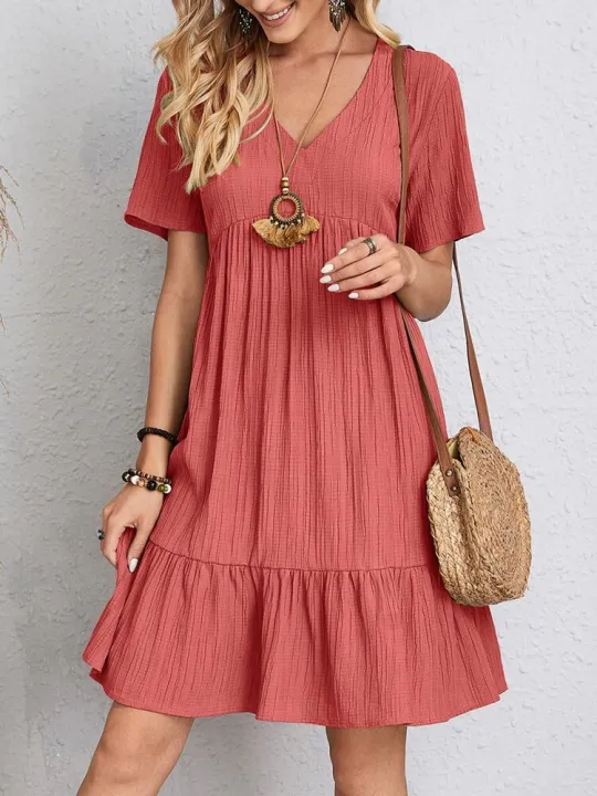 Women%20Elegant%20Short%20Sleeve%20V%20Neck%20Ruffles%20Dress%20Summer%20Casual%20Solid%20Loose%20Mini%20Dress%20Chic%20Bohemian%20Sundress%20Beach%20Party%20Vestidos%20-%20Image%202
