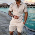 Men's Athletic T-Shirt Set Casual Mesh Lapel Short Sleeve Pullover Tops+Shorts 2-Piece Solid Thin Sporty Suits Black 2pcs Sets.