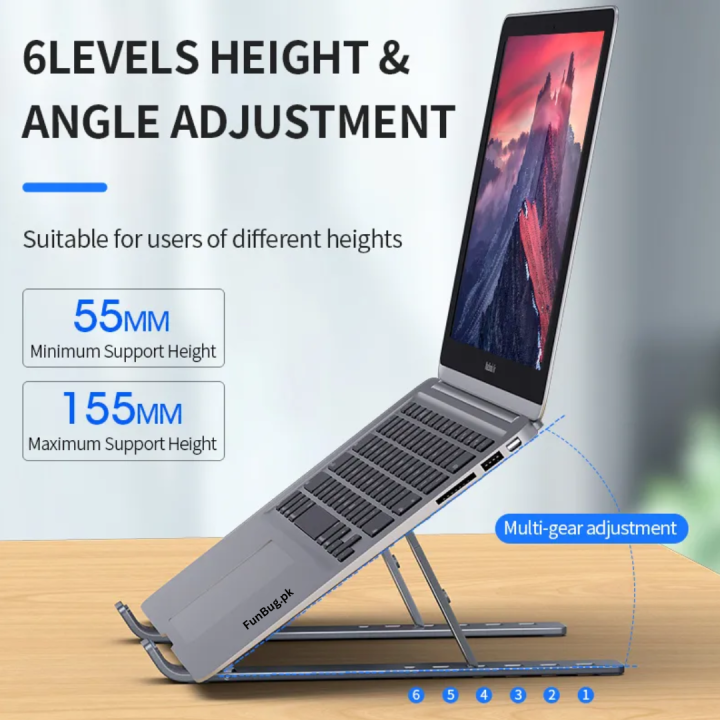 FunBug%20Alloy%20Aluminum%20Adjustable%20Laptop%20Stand%20with%20Hollow%20Colling%20Design,%20Anti-Slip,%206-Level%20Height%20&%20Angle,%20Fits%2011-17%20inch%20Laptops,%20MacBook,%20Tablets%20-%C2%A0Black%20&%20Silver%20-%20Image%207