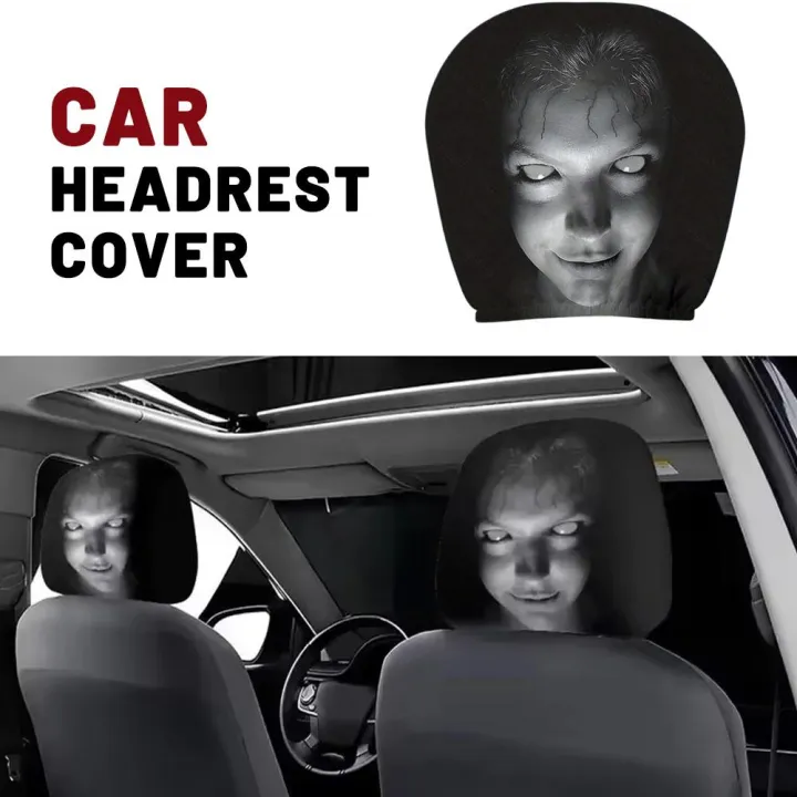 2Pcs Halloween Car Headrest Cover Black Horror Skull Printed Head Rest Cover Elastic Funny Seat Head Pillowcase Car Decor