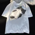 2024 Summer New Cartoon Cat Women's T-shirt Korean Simple Casual Women's Short Sleeve T-shirt Fun Sweet Cute Y2K Tops. 