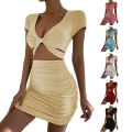 2023 Summer New Sexyt Wrap Hip Dress Party Club Solid midriff-baring Mini Dresses V-neck Short sleeve Bodycon Dress for Women. 