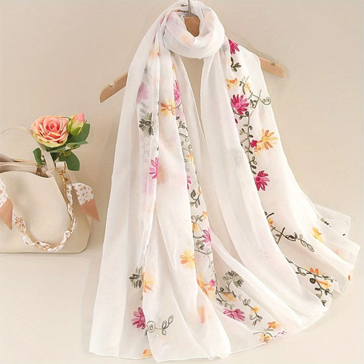 Fashionable Design Embroidered Flower Pattern WOMEN'S Scarf Shawl Elegant and Breathable Daily Versatile Accessory 85 * 180cm