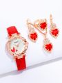 5pcs Fashion Trend Love Diamond Set Women's Red Belt Quartz Watch+Pendant Necklace+Earrings+Ring Combination Set, Gift Set. 