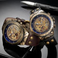 Bronze Retro Skeleton Automatic Mechanical Watch for Men Luminous Hand Brown Genuine Leather Belt Luxury Brand Steampunk Watches. 
