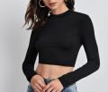 Long Sleeve Mock Neck Crop Top Women's Casual Solid Color T-Shirt Soft Fabric Short Length Top. 