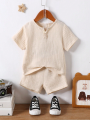 Summer Baby Boy Wrinkled Quarter Button Top & Shorts Sets.