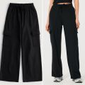 Black Wide Leg Cargo Trousers for Women, High Waist, Relaxed Fit, Terry Viscose Fabric. 