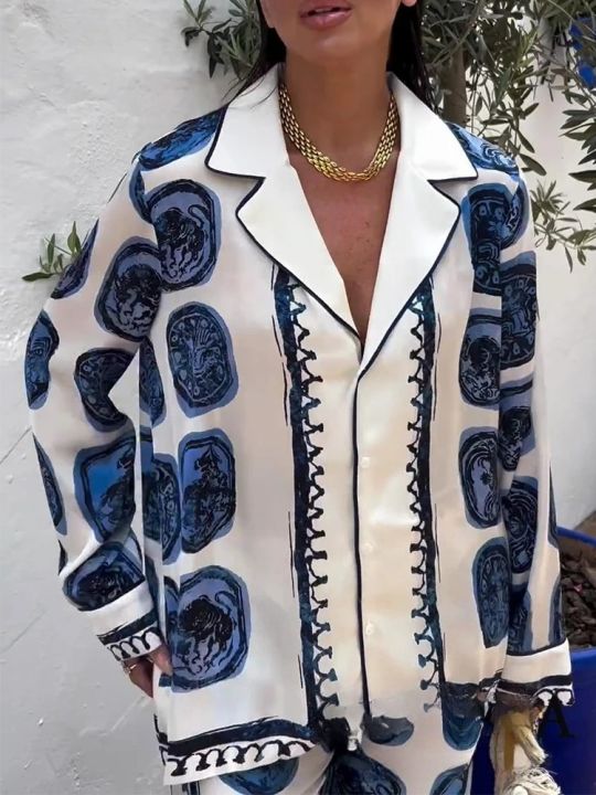 KONDALA%20Vintage%20Casual%20Print%20Women%20Suit%20Single%20Breasted%20V%20Neck%20Shirts+Loose%20Wide%20Leg%20Long%20Pants%20Fashion%202024%20Autumn%20Women%20Sets%20-%20Image%203