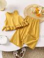 Girls Round Neck Sleeveless Top With Ruffled Hem And Loose Casual Pant Outfit Dress. 