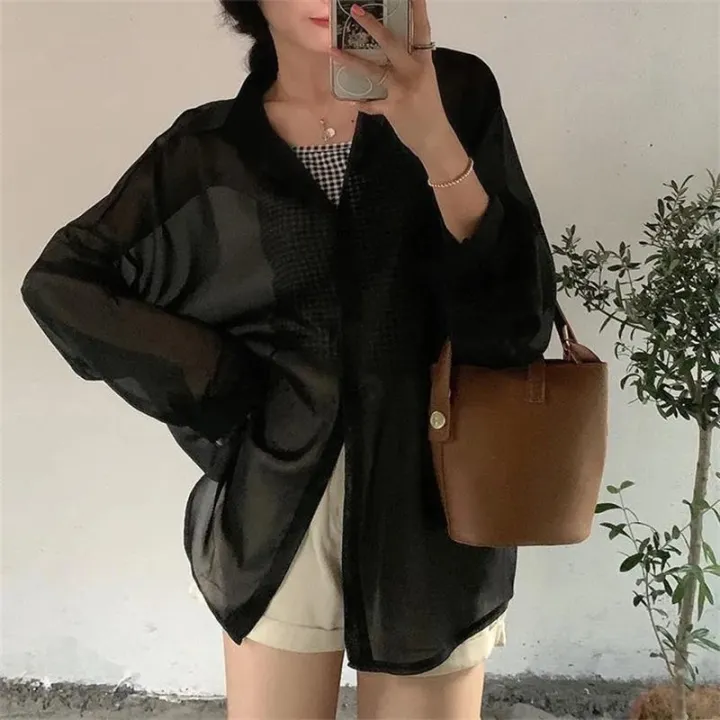 Shirt%20for%20Women%20Blouse%20Long%20Sleeve%20Top%20Female%20Chiffon%20Loose%20Cardigan%20Thin%20Sexy%20Solid%20Color%20Casual%20Shirt%20-%20Image%202