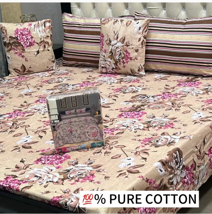 5%20Pc%20Pure%20Cotton%20Bedsheet%20With%202%20Pillow%20Cover%20&%201%20Cuaion%20Cover%20King%20Size%20Double%20Cotton%20Bedsheet%20-%20Image%202