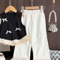 Bear Leader Korean Casual Children's Set Bow Decoration Black Sleeveless Vest+Pants Two-piece Set Lace Stitching Girls Clothes. 