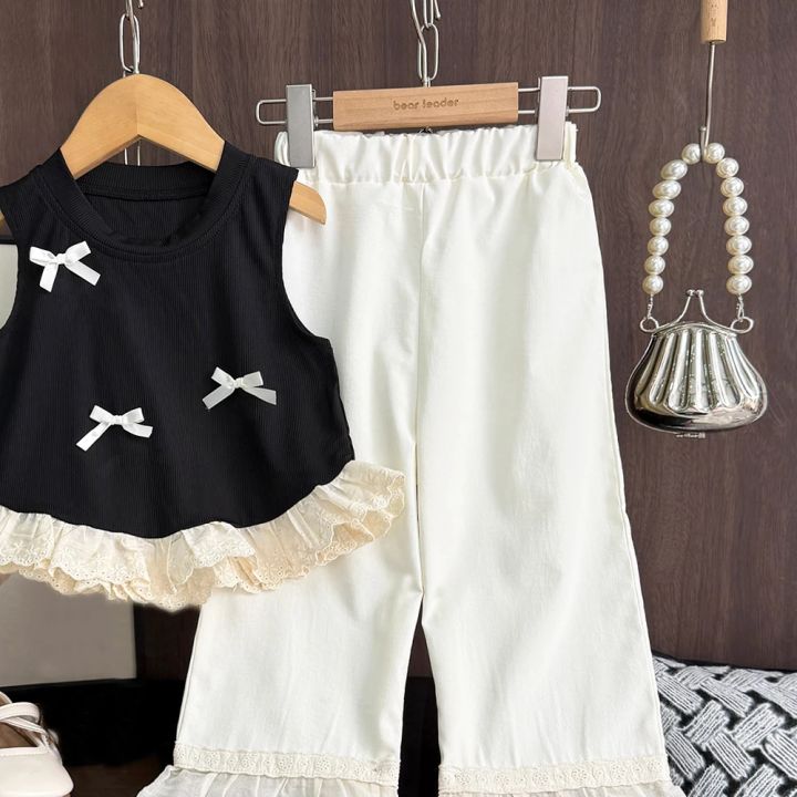 Bear%20Leader%20Korean%20Casual%20Children's%20Set%20Bow%20Decoration%20Black%20Sleeveless%20Vest+Pants%20Two-piece%20Set%20Lace%20Stitching%20Girls%20Clothes%20-%20Image%204