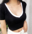 Patchwork Colors Deep V Neck Sexy Crop Top Women Summer New Short Sleeve Women's T-shirt Y2k Clothes Skinny Casual Tops Korean. 