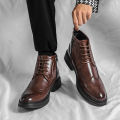 Men Block Heel Lace-up And Side Zipper Design Brogue  Boots. 