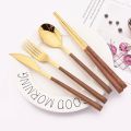 4/12/16Pcs Mirror Gold Cutlery Set Chopsticks Knife Fork Spoon Set Imitation Wooden Handle Korean Dinnerware Luxury Tableware. 