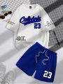 2025 summer new trend men's suit round neck short sleeve set fashion personalized alphanumeric print round neck T-shirt and shor. 