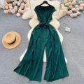 Summer Vintgae Women Wide Leg Jumpsuit Female Elegant V-Nevck Sleeveless High Waist Slim Casual Bandage Romper New Fashion. 