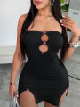 Women's solid color suspender hollow out heart-shaped hip hugging dress. 