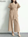 2024 ZANZEA Fashion Women Wide Leg Jumpsuits Summer V Neck Short Sleeve Rompers Elegant OL Casual Playsuits Solid Work Overalls.