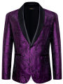 Men's Burgundy & Purple Paisley Print Suit Blazer Elegant Satin Lapel Wedding Party Jacket. 