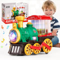 Electric Steam Train Toy, Crash Truck with Steam Locomotive, Smoke, Lights and Sounds, 360 Degree Rotating Christmas Train Truck. 