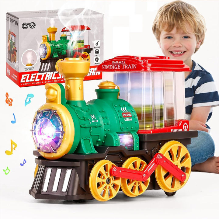 Electric Steam Train Toy, Crash Truck with Steam Locomotive, Smoke, Lights and Sounds, 360 Degree Rotating Christmas Train Truck