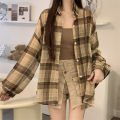 Oversized Long Sleeve Check Shirt Women Summer Lightweight Button Front Plaid Blouse Ladies Teengirl Preppy Daily Outfit Shirt. 