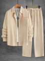 Men's 2 Piece Textured Outfits, Beige Lapel Shirt & Drawstring Pants Set. 