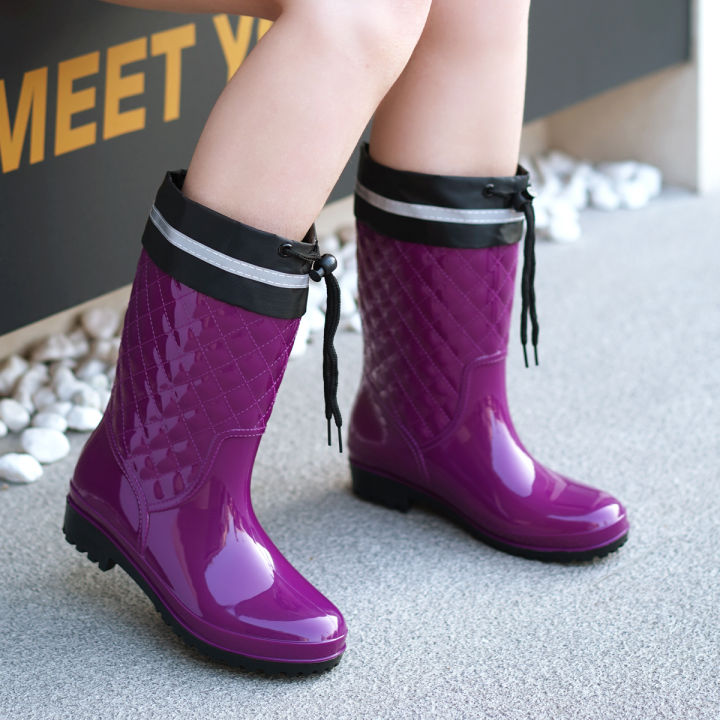Minimalist style outdoor work kitchen anti slip waterproof drawstring drum mouth all season universal women's rain boots
